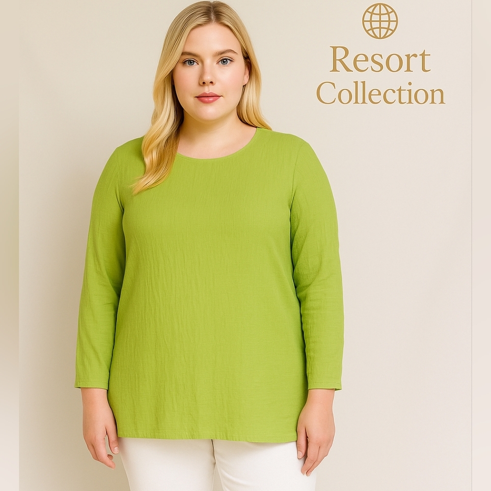 Chico’s Lime Green Crinkle Tunic Size 3 / 16 Long Sleeve Lightweight Blouse EUC